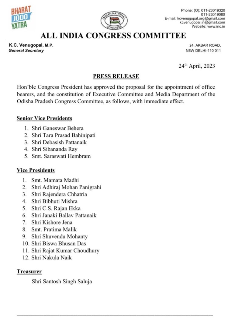 Congress Appoints New Office-Bearers For Odisha unit